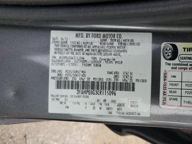 3FAHP0JG3CR115096 - 2012 FORD FUSION SEL GRAY photo 13