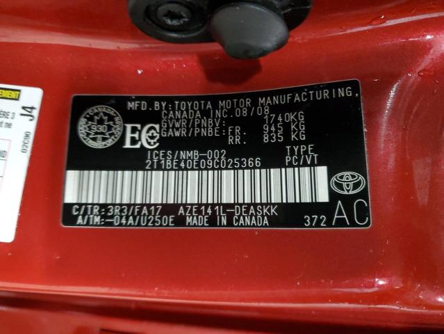 2T1BE40E09C025366 - 2009 TOYOTA COROLLA XRS RED photo 12