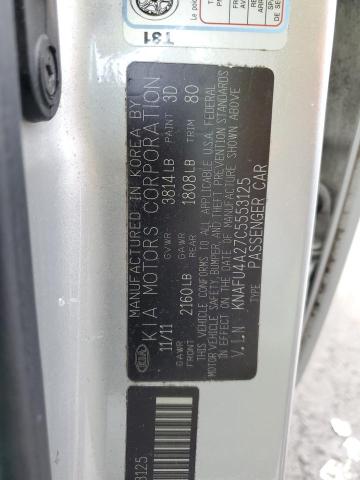 KNAFU4A27C5553125 - 2012 KIA FORTE EX SILVER photo 12