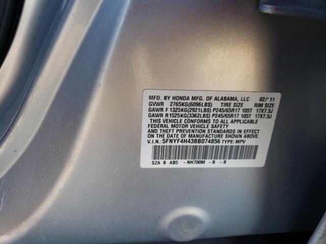 5FNYF4H43BB074856 - 2011 HONDA PILOT EX SILVER photo 12