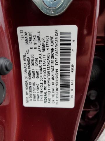 2HGFB2F99DH516219 - 2013 HONDA CIVIC EXL BURGUNDY photo 12