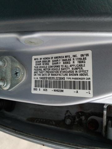 1HGES16535L023045 - 2005 HONDA CIVIC LX SILVER photo 12