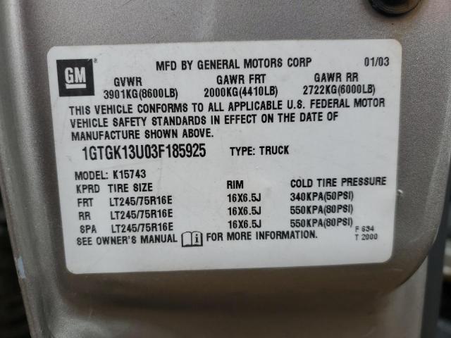 1GTGK13U03F185925 - 2003 GMC SIERRA K1500 HEAVY DUTY SILVER photo 12