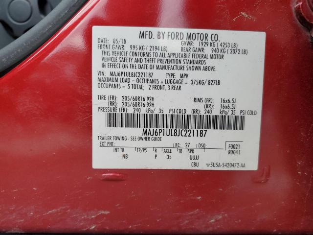 MAJ6P1UL8JC221187 - 2018 FORD ECOSPORT SE RED photo 13