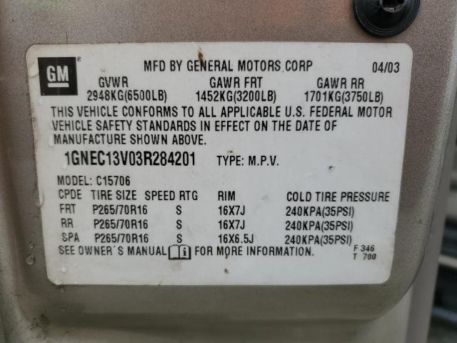 1GNEC13V03R284201 - 2003 CHEVROLET TAHOE C1500 TAN photo 12