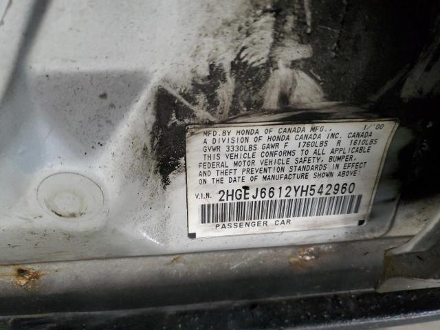 2HGEJ6612YH542960 - 2000 HONDA CIVIC BASE Qara foto 12