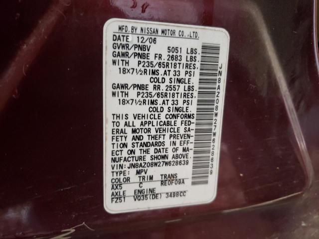 JN8AZ08W27W628639 - 2007 NISSAN MURANO SL BURGUNDY photo 13