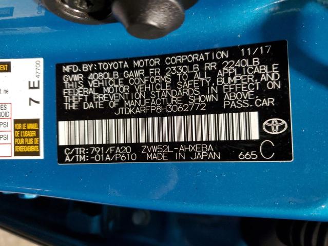 JTDKARFP8H3062772 - 2017 TOYOTA PRIUS PRIM 蓝色 照片 12