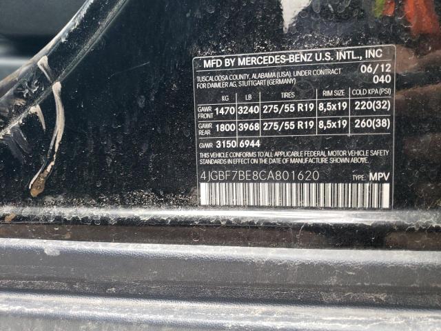 4JGBF7BE8CA801620 - 2012 MERCEDES-BENZ GL 450 4MATIC BLACK photo 12