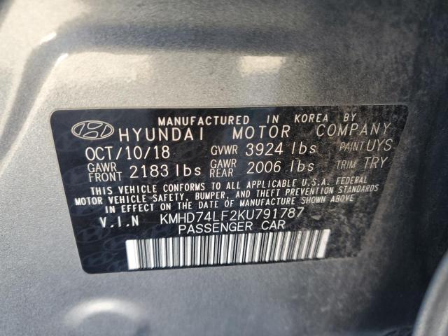 KMHD74LF2KU791787 - 2019 HYUNDAI ELANTRA SE GRAY photo 12