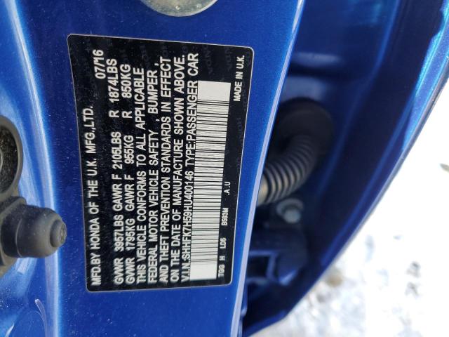 SHHFK7H59HU400146 - 2017 HONDA CIVIC EX BLUE photo 12