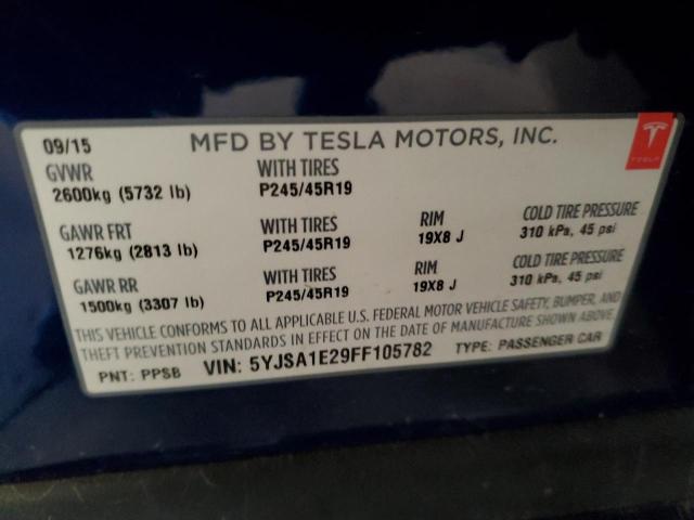 5YJSA1E29FF105782 - 2015 TESLA MODEL S Կապույտ լուսանկար 12