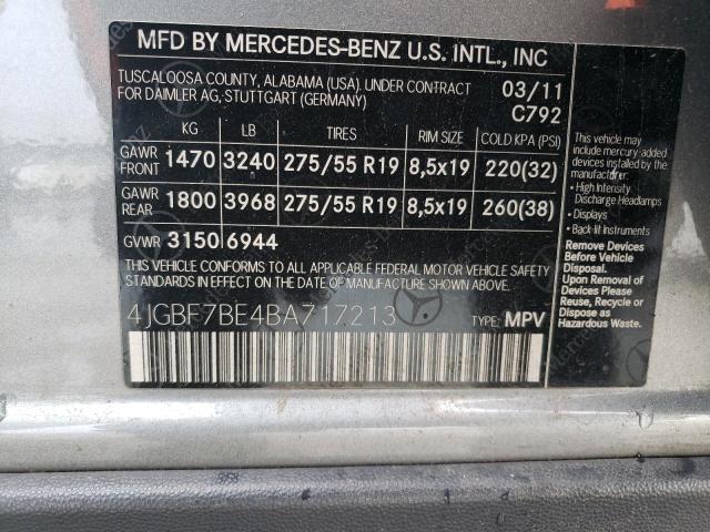 4JGBF7BE4BA717213 - 2011 MERCEDES-BENZ GL 450 4MATIC GRAY photo 12