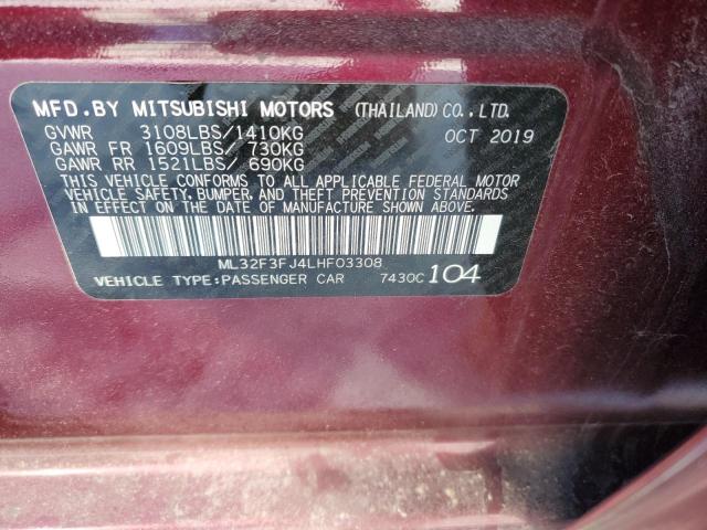 ML32F3FJ4LHF03308 - 2020 MITSUBISHI MIRAGE G4 ES ბურგუნდია ფოტო 12