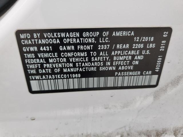 1VWLA7A31KC011969 - 2019 VOLKSWAGEN PASSAT WOLFSBURG WHITE photo 12