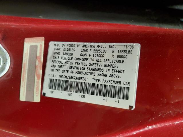 1HGCM72667A005981 - 2007 HONDA ACCORD EX RED photo 12