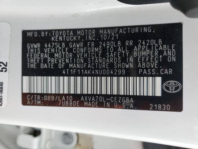 4T1F11AK4NU004299 - 2022 TOYOTA CAMRY XLE WHITE photo 13