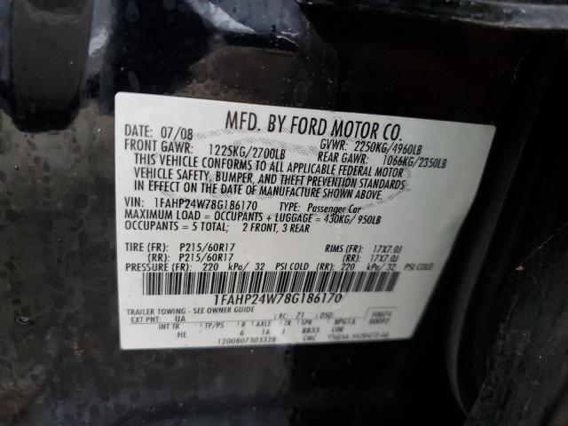 1FAHP24W78G186170 - 2008 FORD TAURUS SEL BLACK photo 12