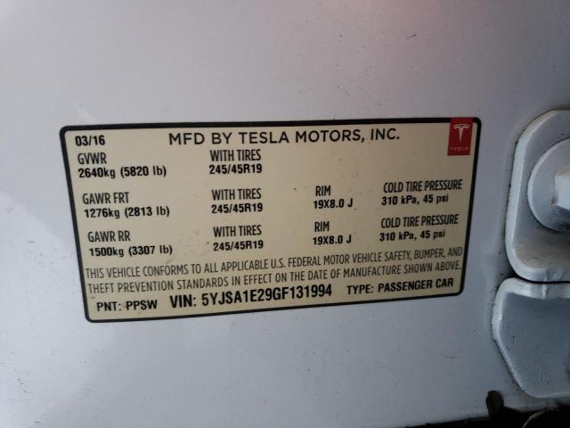5YJSA1E29GF131994 - 2016 TESLA MODEL S Սպիտակ լուսանկար 12