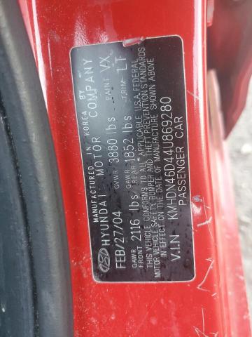 KMHDN46D44U869280 - 2004 HYUNDAI ELANTRA GLS RED photo 12