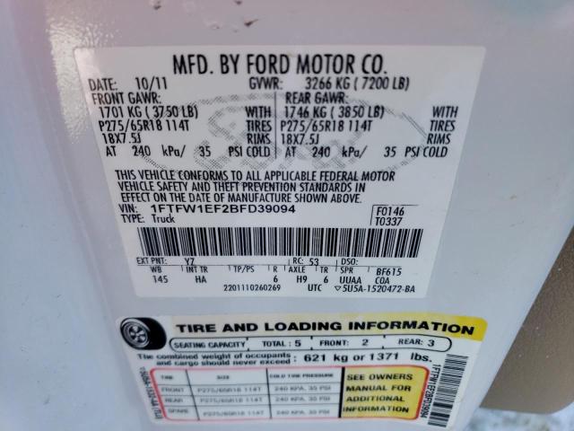 1FTFW1EF2BFD39094 - 2011 FORD F150 SUPER WHITE photo 13