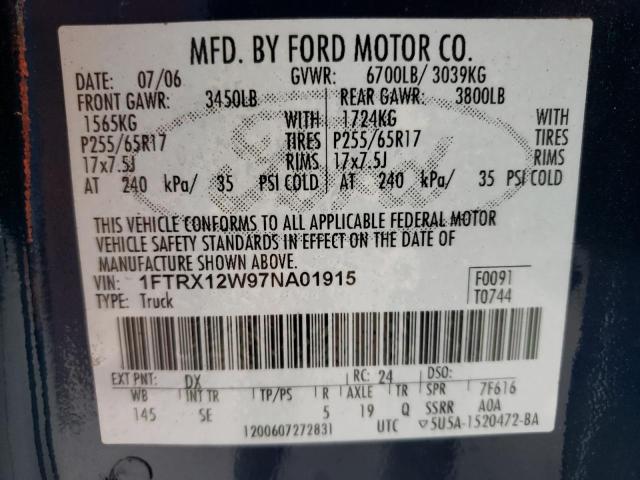 1FTRX12W97NA01915 - 2007 FORD F150 BLUE photo 12