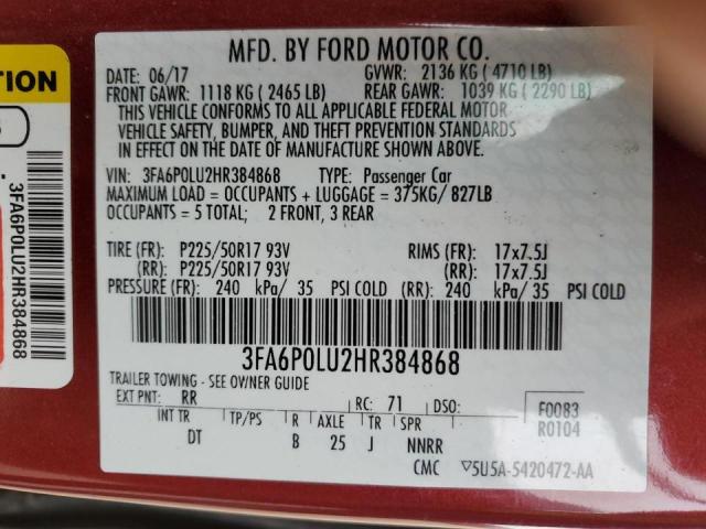 3FA6P0LU2HR384868 - 2017 FORD FUSION SE HYBRID RED photo 12