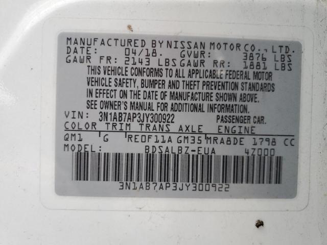 3N1AB7AP3JY300922 - 2018 NISSAN SENTRA S WHITE photo 12