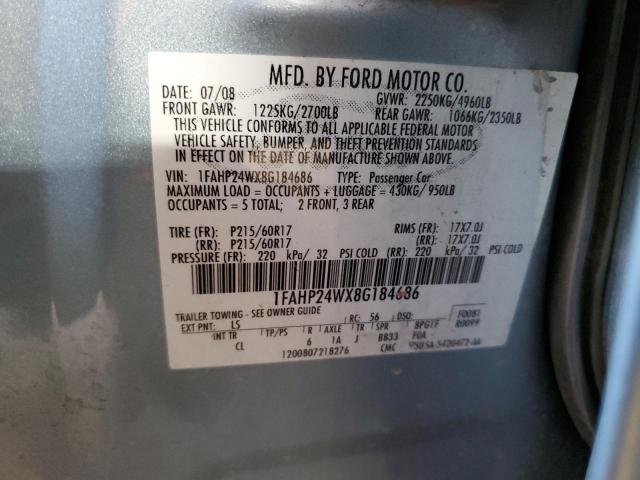 1FAHP24WX8G184686 - 2008 FORD TAURUS SEL BLUE photo 13