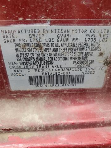 3N1CN7APXJL815381 - 2018 NISSAN VERSA S RED photo 13