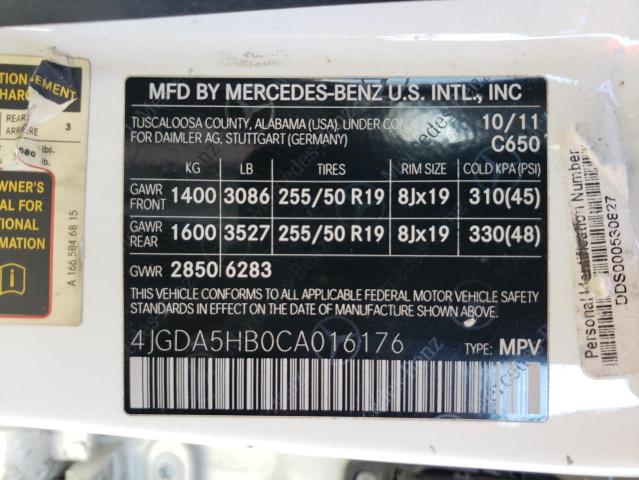 4JGDA5HB0CA016176 - 2012 MERCEDES-BENZ ML 350 4MATIC WHITE photo 13