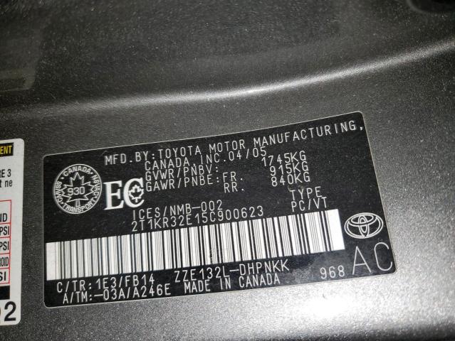 2T1KR32E15C900623 - 2005 TOYOTA COROLLA MA XR SILVER photo 12