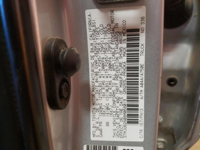 3TMJU62N08M068019 - 2008 TOYOTA TACOMA DOUBLE CAB PRERUNNER GRAY photo 12