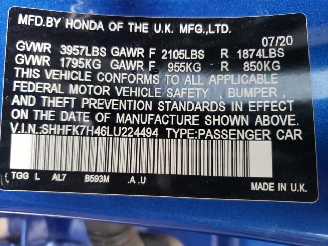 SHHFK7H46LU224494 - 2020 HONDA CIVIC SPORT BLUE photo 12