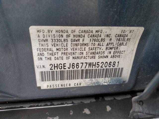 2HGEJ6677WH520681 - 1998 HONDA CIVIC LX BLUE photo 12