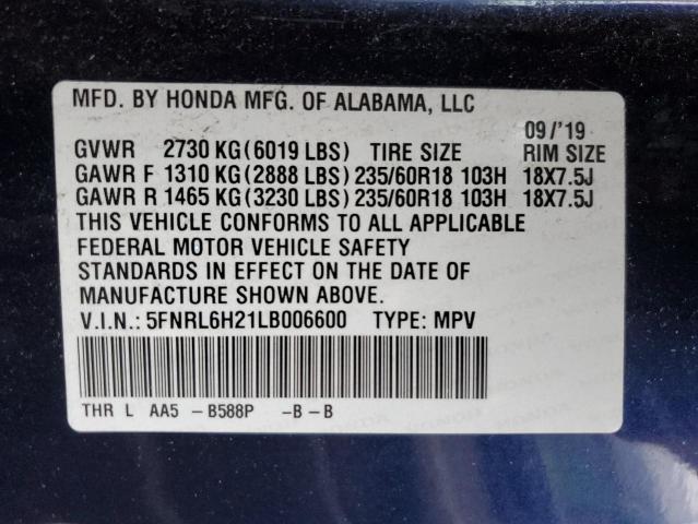 5FNRL6H21LB006600 - 2020 HONDA ODYSSEY LX BLUE photo 13