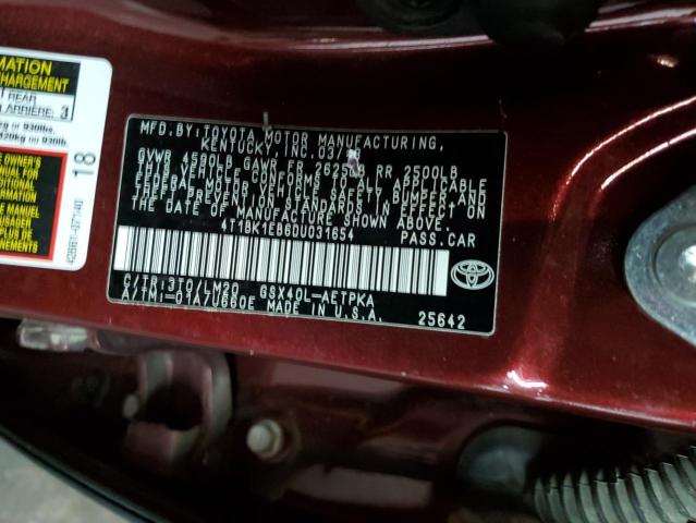 4T1BK1EB6DU031654 - 2013 TOYOTA AVALON BASE 勃艮第红 照片 12