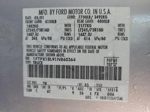 1FTPX18L91NB60364 - 2001 FORD F150 SILVER photo 12