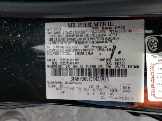 3FAHP0KC1CR433925 - 2012 FORD FUSION SPORT BLACK photo 13