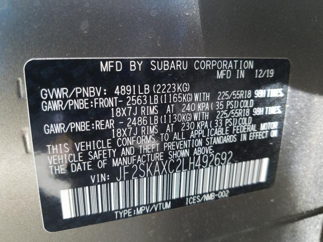 JF2SKAXC2LH492692 - 2020 SUBARU FORESTER TOURING 灰色 照片 10