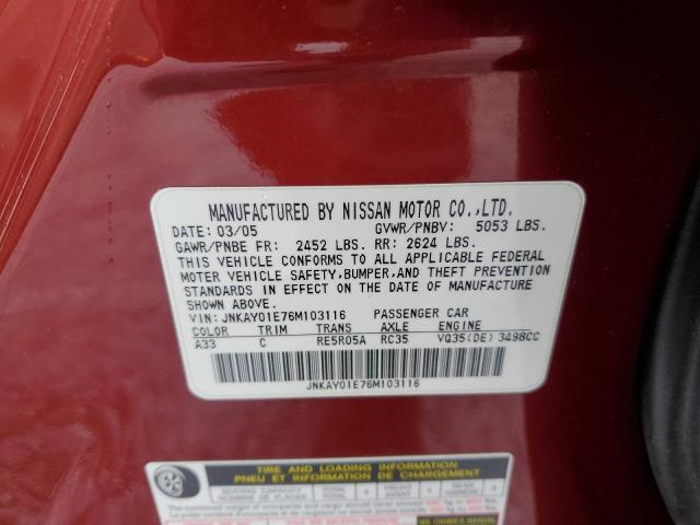 JNKAY01E76M103116 - 2006 INFINITI M35 BASE RED photo 12