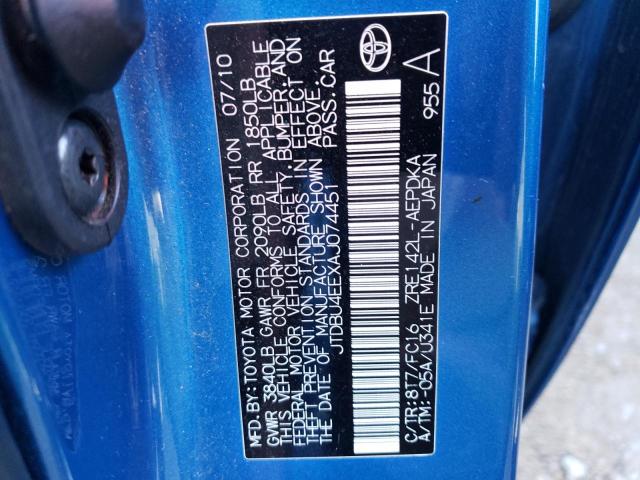 JTDBU4EEXAJ074451 - 2010 TOYOTA COROLLA BASE BLUE photo 12