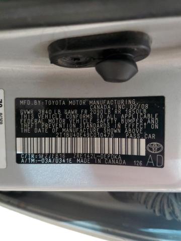 2T1BU40E49C010470 - 2009 TOYOTA COROLLA BASE SILVER photo 12