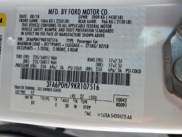 3FA6P0H79KR107516 - 2019 FORD FUSION SE WHITE photo 12