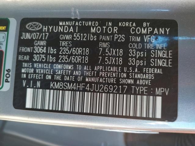 KM8SM4HF4JU269217 - 2018 HYUNDAI SANTA FE SE SILVER photo 13