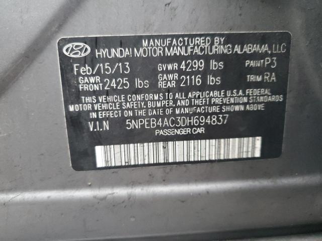 5NPEB4AC3DH694837 - 2013 HYUNDAI SONATA GLS GRAY photo 12