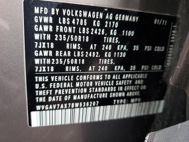 WVGAV7AX7BW536207 - 2011 VOLKSWAGEN TIGUAN S GRAY photo 12