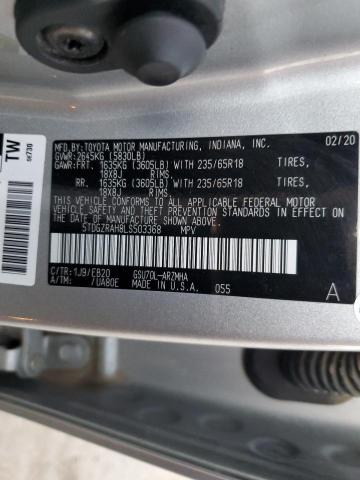 5TDGZRAH8LS503368 - 2020 TOYOTA HIGHLANDER XLE SILVER photo 12