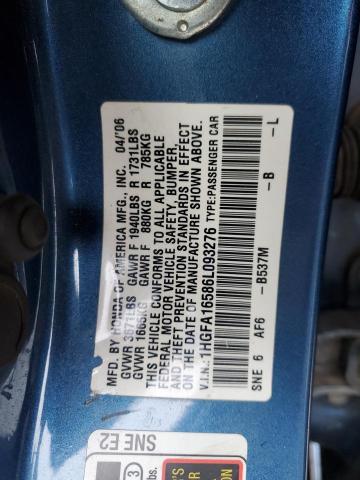 1HGFA16586L093276 - 2006 HONDA CIVIC LX BLUE photo 12