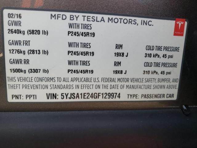 5YJSA1E24GF129974 - 2016 TESLA MODEL S Մոխրագույն լուսանկար 13
